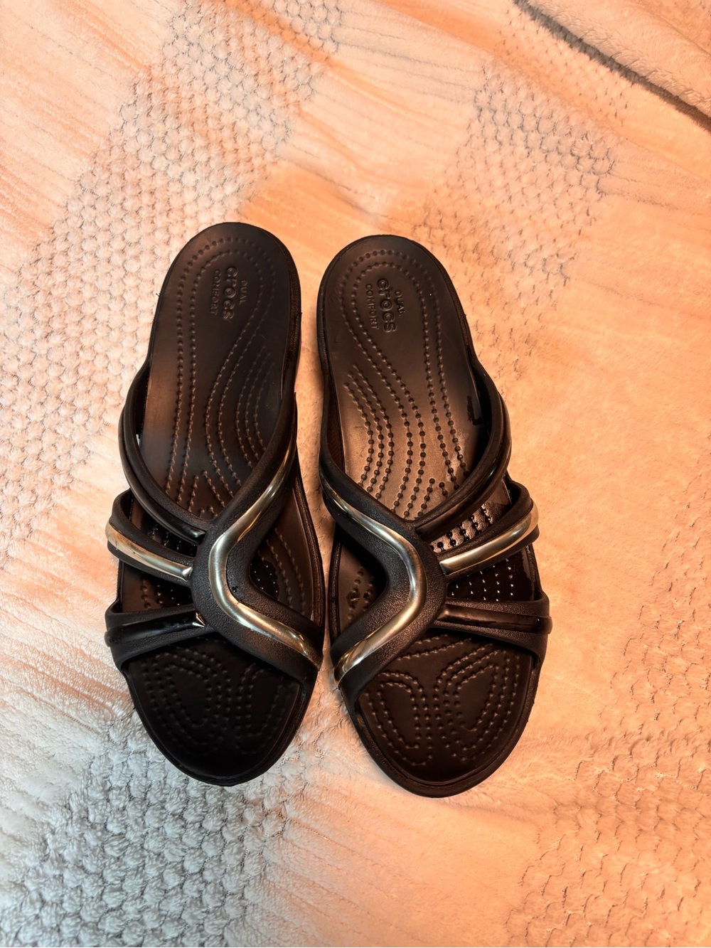 CROCS Women’s Black Slide Sandals with Metallic Accent